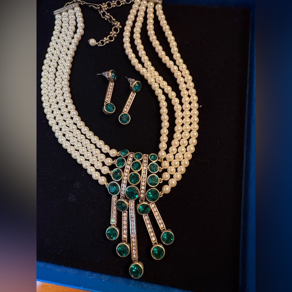 Heidi Daus Art Deco Pearl and Green Crystal Necklace & Chandelier Style Earrings